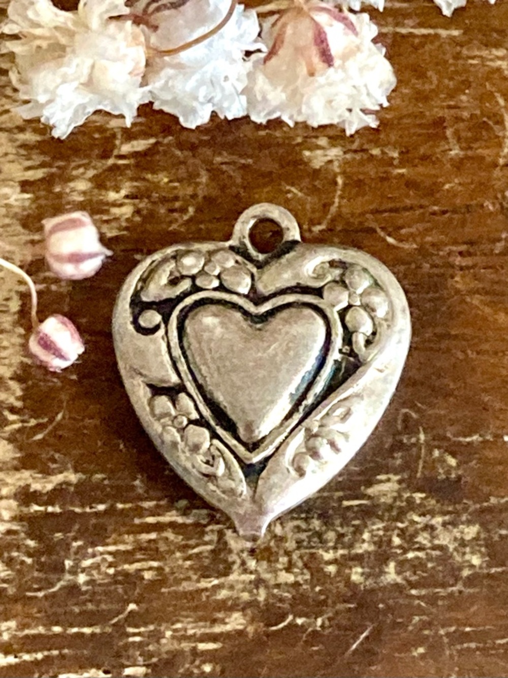 Silver‑Tone Heart Charm Floral Raised Design 1/2 Inch